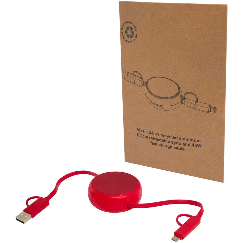 Cavo retrattile 5 in 1 da 100 cm in plastica riciclata e alluminio per la sincronizzazione dei dati e la ricarica rapida da 4