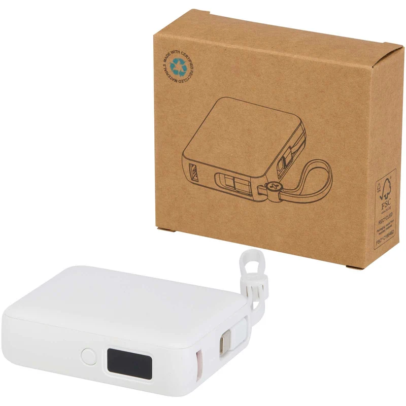 Power bank per tablet da 10.000 mAh e 35 W con cavo Tipo-C integrato in plastica riciclata Acrux