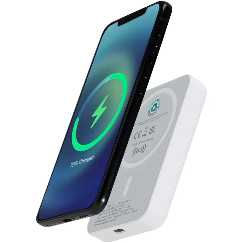 Power bank magnetico wireless da 5.000 mAh e 15 W con 20 W PD in plastica riciclata Acrab