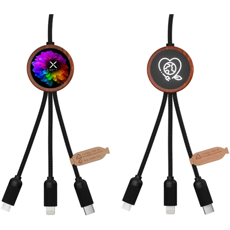 Cavo di ricarica da 40 W 5 in 1 in rPET riciclato con logo luminoso e custodia rotonda in legno SCX.design C37