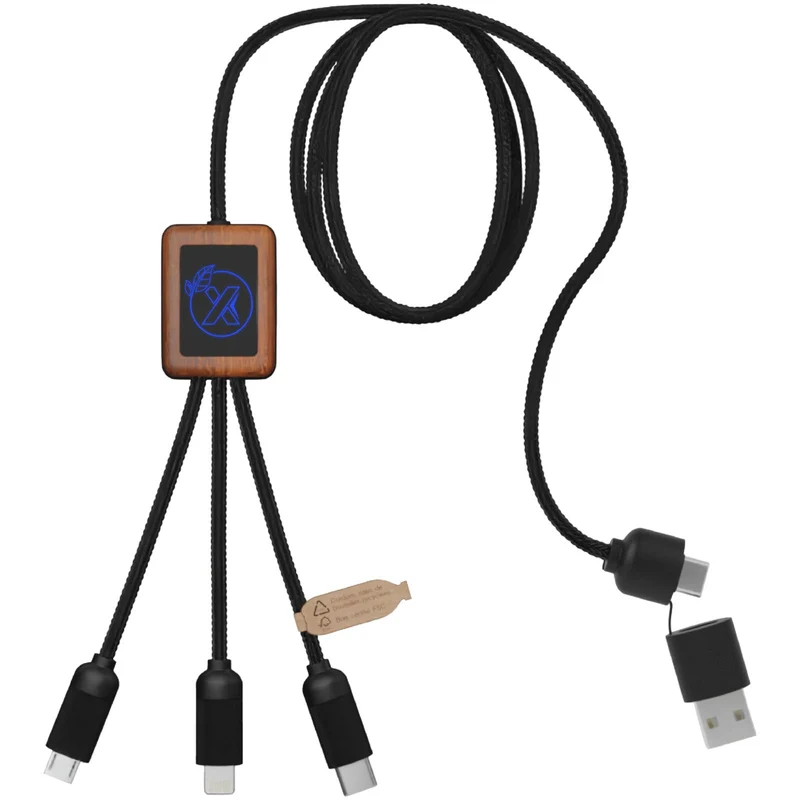 Cavo di ricarica 5 in 1 da 40 W in rPET riciclato con logo luminoso e custodia quadrata in legno SCX.design C38