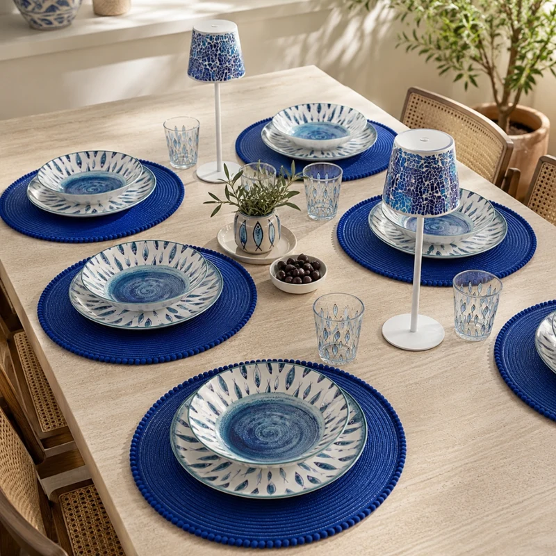 Set 6 Sottopiatti - Tovagliette tonde Pon Pon | Blu