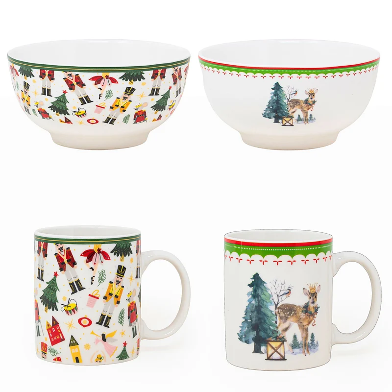 Set 2 Mug + 2 Ciotole 310 ml – Renne e Schiaccianoci | Colazioni in Festa