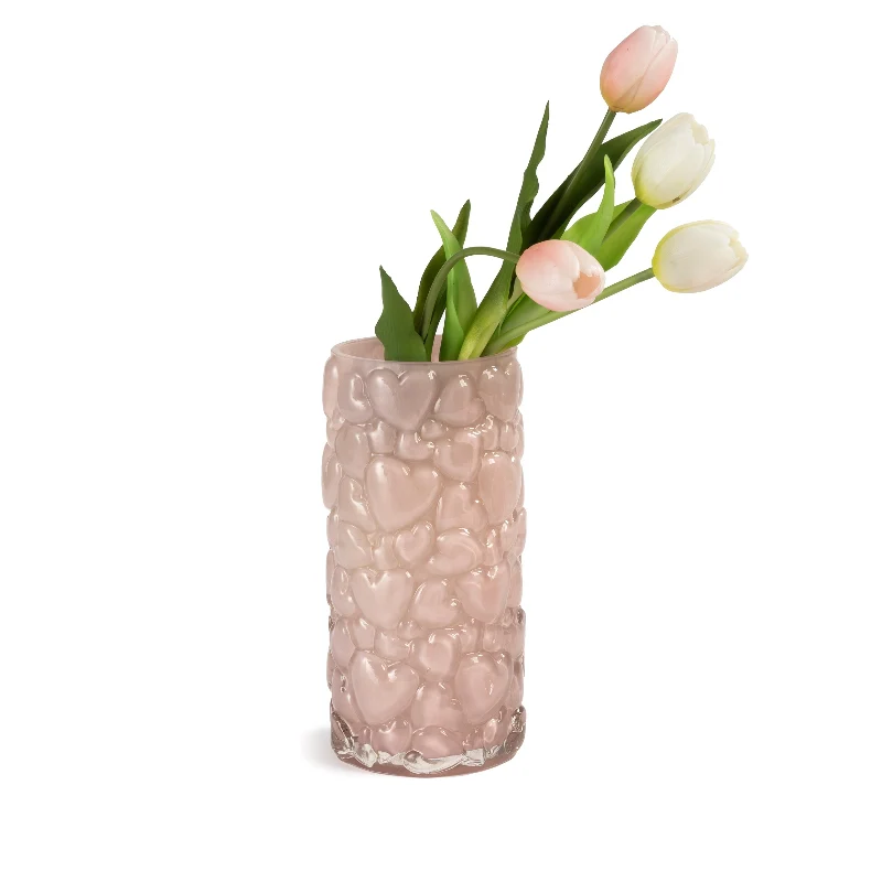 Vaso Cilindrico Rosa con Cuori in Rilievo - Design Romantico
