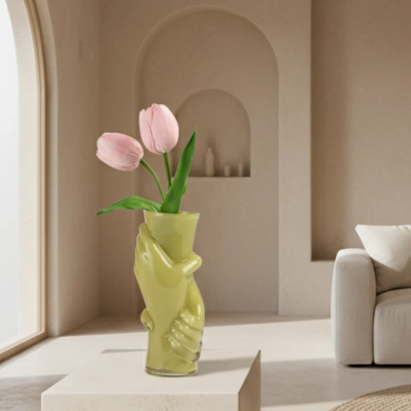 Vaso in Vetro Verde con Mani in Rilievo - Design Scultoreo