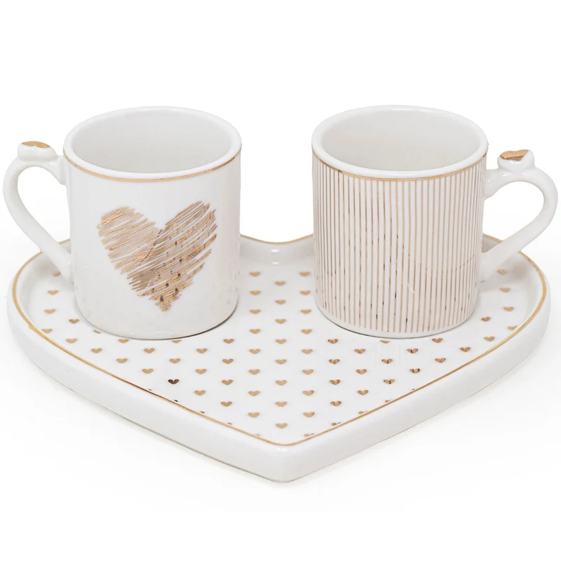 NAMAI - Set di 2 Tazzine Caffè con Vassoio a Forma di Cuore, 17,5x15,5x6h CM, New Bone China, Adatte in Lavastoviglie e Microonde, Regalo Coppia (Cuori)