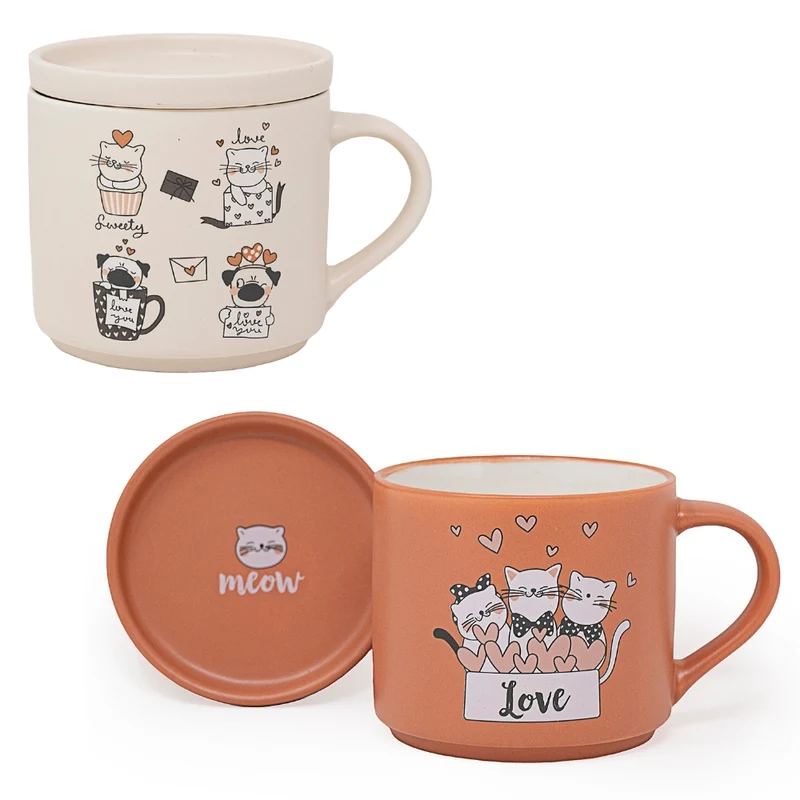 NAMAI - Set di 2 Tazze Gatti con Coperchio, 350 ML, 10 CM Diametro x 9 CM Altezza, New Bone China, Adatte in Lavastoviglie e Microonde, Tazze Colazione (2 Tazze Gatti)