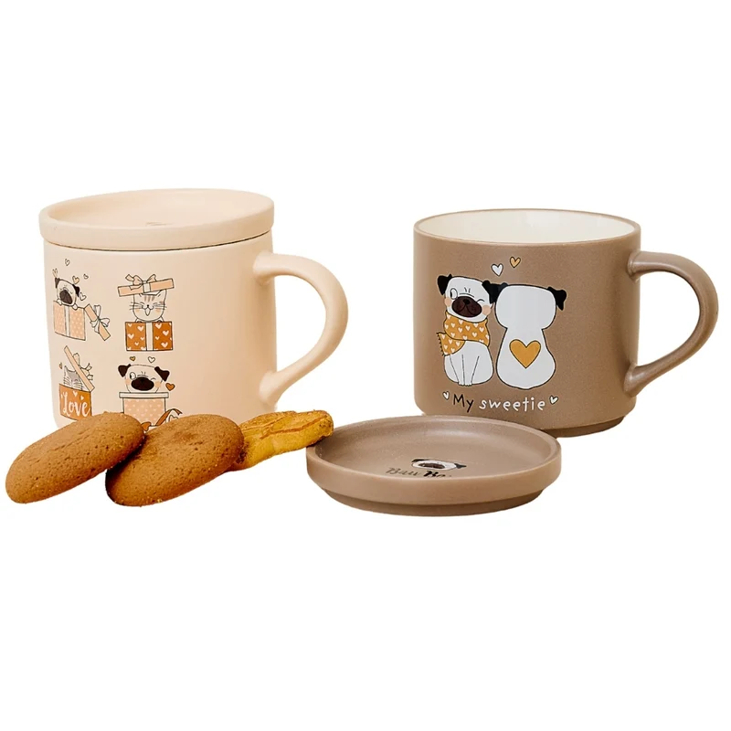 NAMAI - Set di 2 Tazza Cane con Coperchio, 350 ML, 10 CM Diametro x 9 CM Altezza, New Bone China, Adatte in Lavastoviglie e Microonde, Tazze Colazione (2 Tazze Cani)