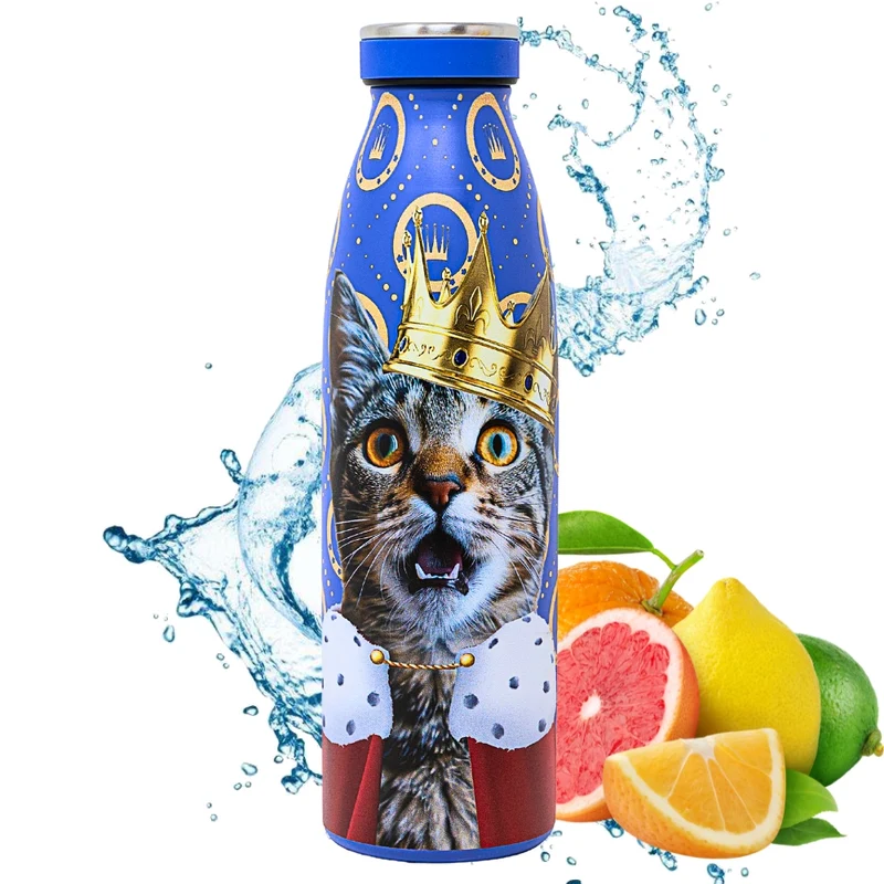 NAMAI - Borraccia Termica 500 ML, Acciaio Inox, Adatta In Lavastoviglie, Chiusura Ermetica Sicura, Stile e Benessere, Bottiglia Termica, Idea Regalo (Gatto)