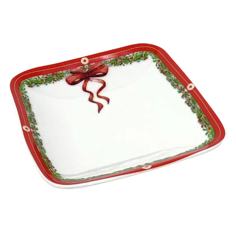 Piatto Quadrato Natalizio 18cm - Svuotatasche di Natale in Porcellana (FIOCCO)