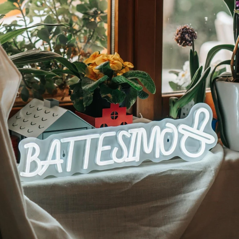 Scritta Luminosa LED BATTESIMO con Ciuccio - Decorazione Festa Battesimo