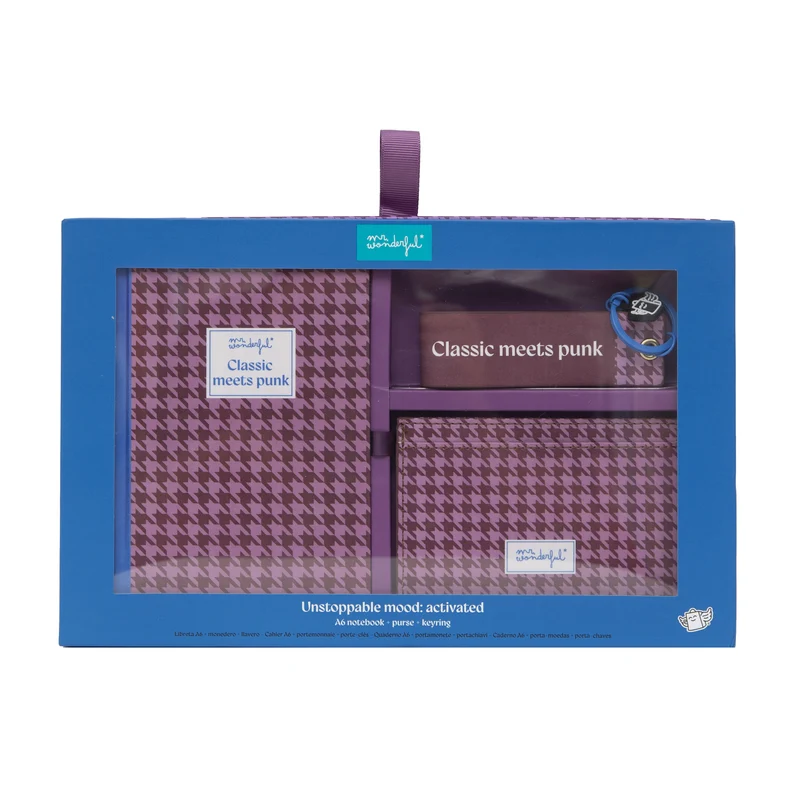 Set de libreta A6 + monedero + llavero - Pata de gallo