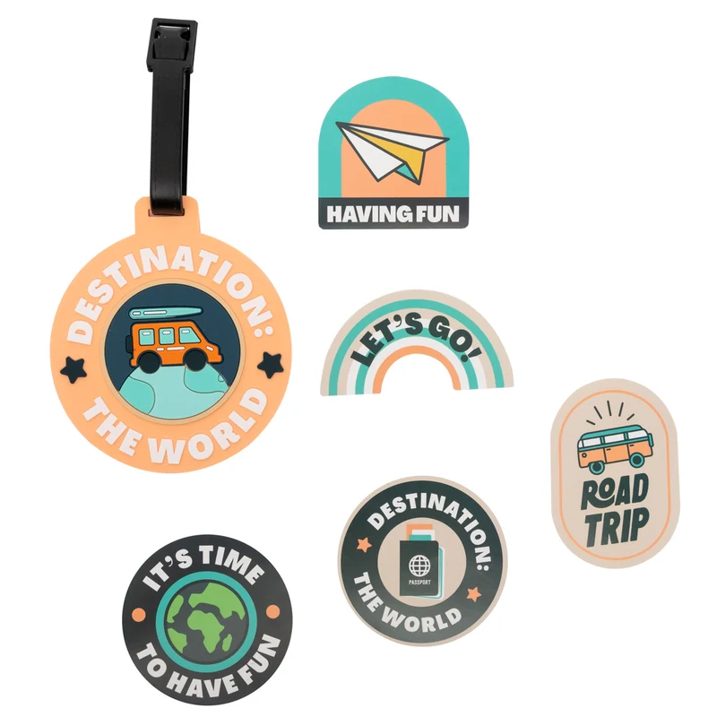 Set de identificador de maleta + pegatinas - Destination: the world